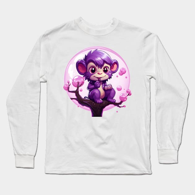 Purple Monkey in a Bubblegum Tree Long Sleeve T-Shirt by cesspoolofcool